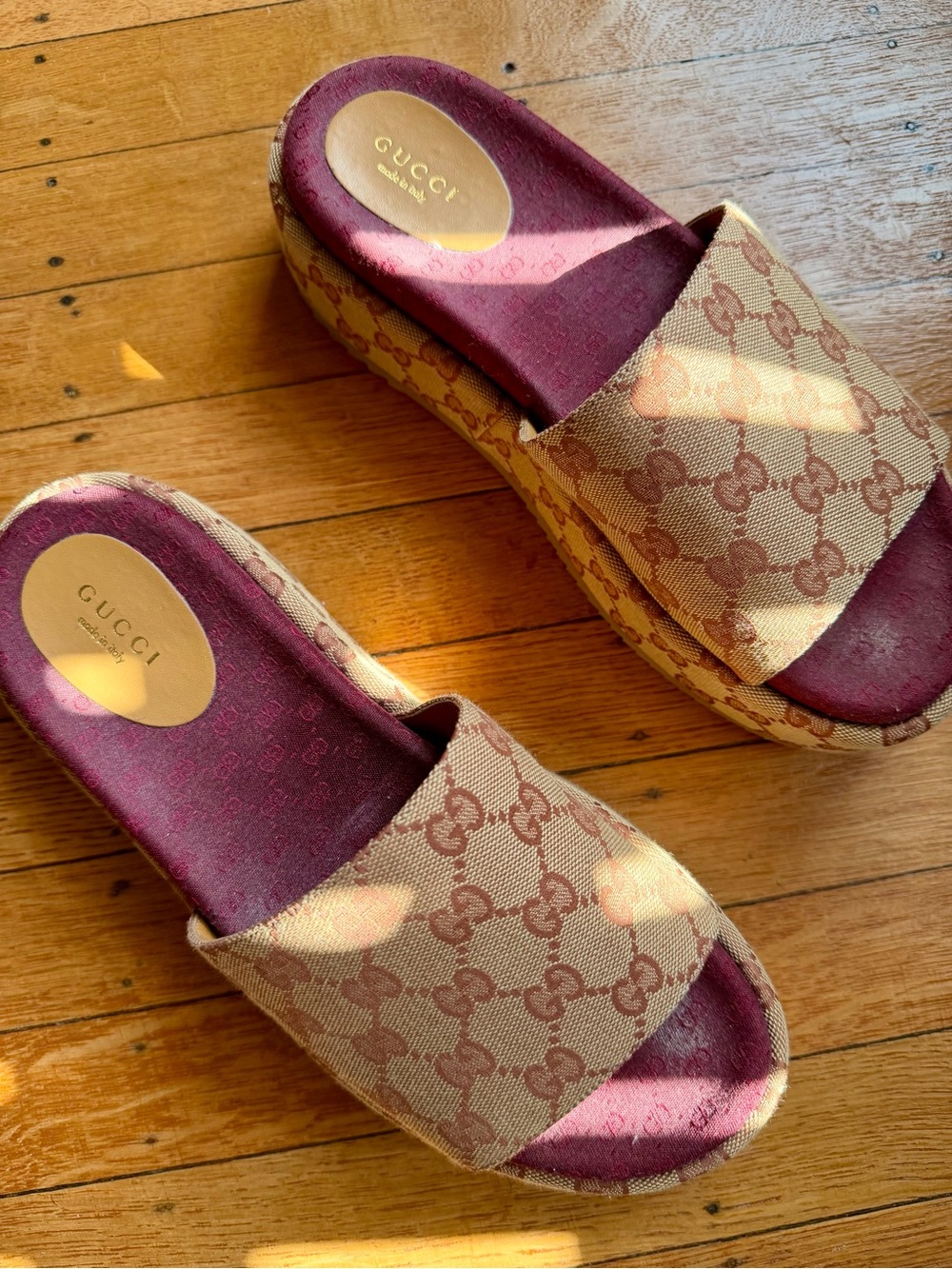 Gucci Beige and Pink GG Monogram Platform Slide Sandals - Picture 3 of 7